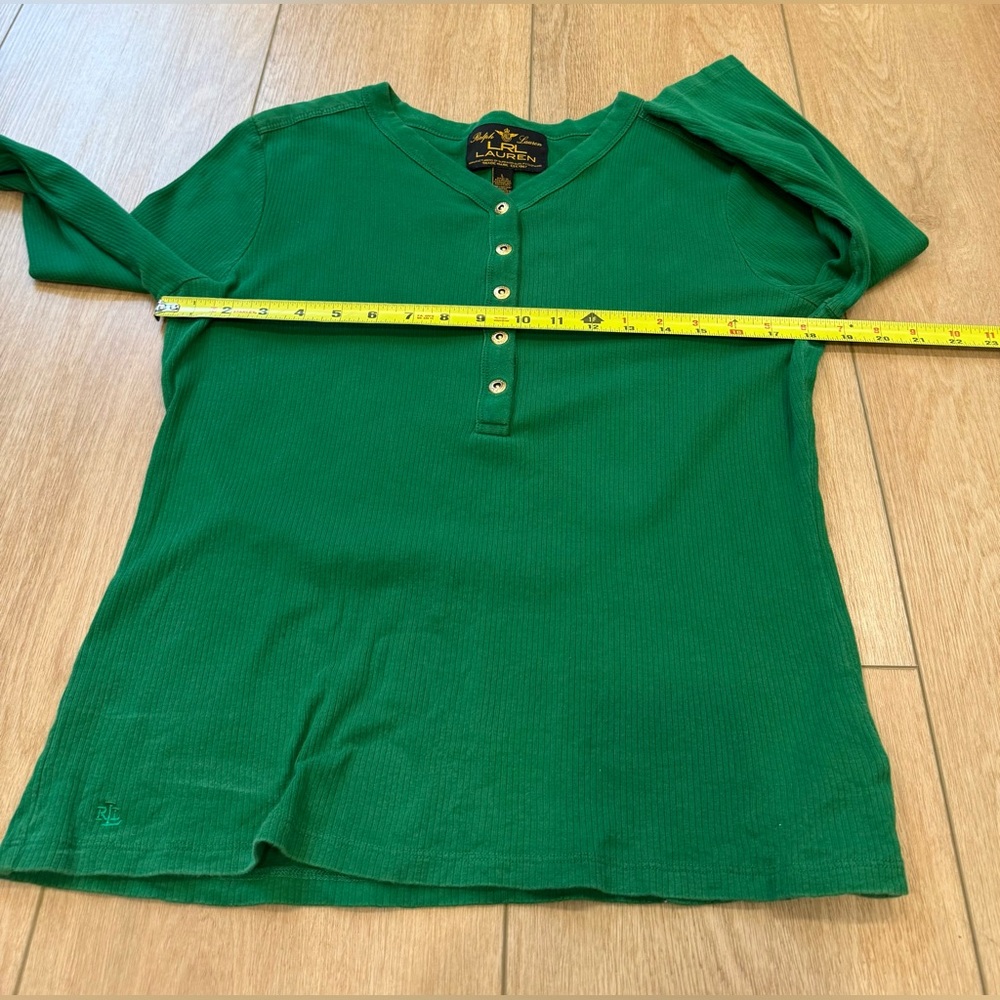 Lauren Ralph Lauren Green Ribbed Henley Top Gold Snap Buttons Size L - Picture 7 of 8